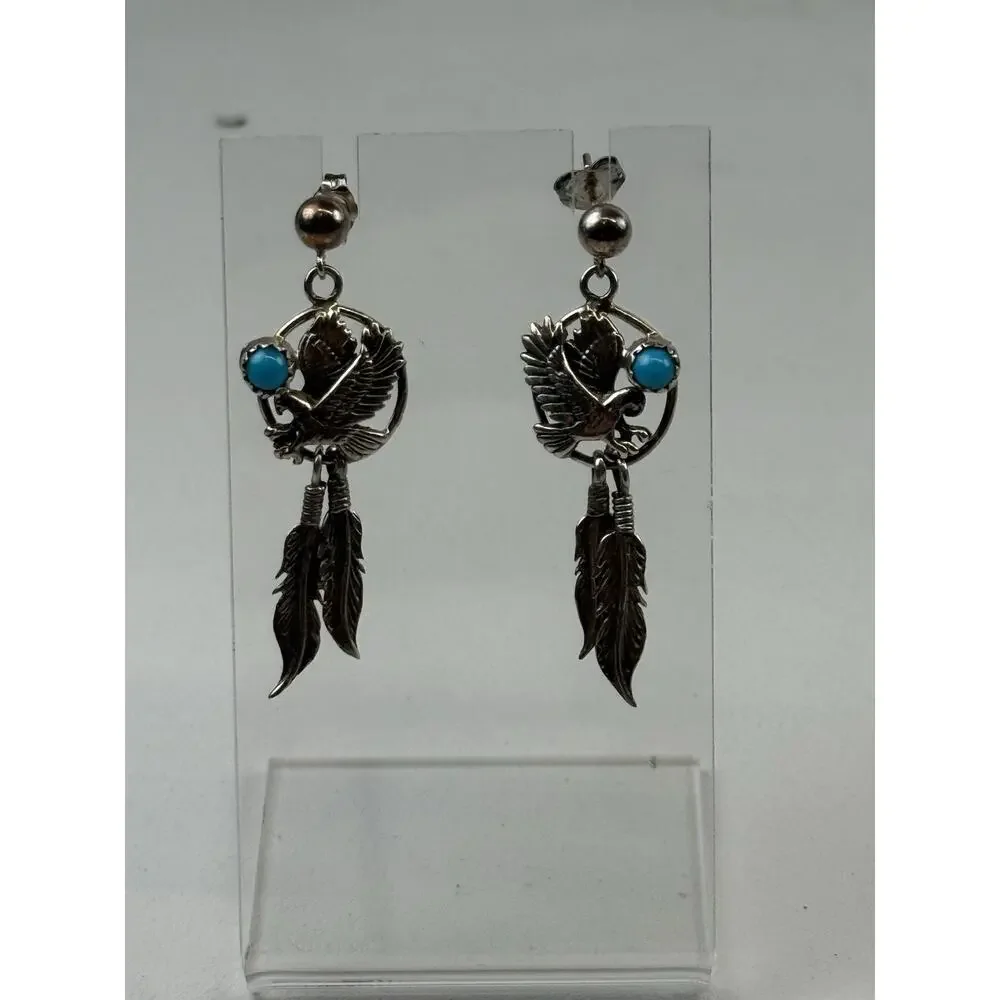 Southwest Style Sterling Silver Pierced Earrings Turquoise Feathers Eagle